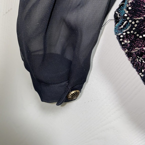 Vintage Women's Blouse vest Long‎ sheer sleeve outstanding floral Black Medium - Picture 7 of 11